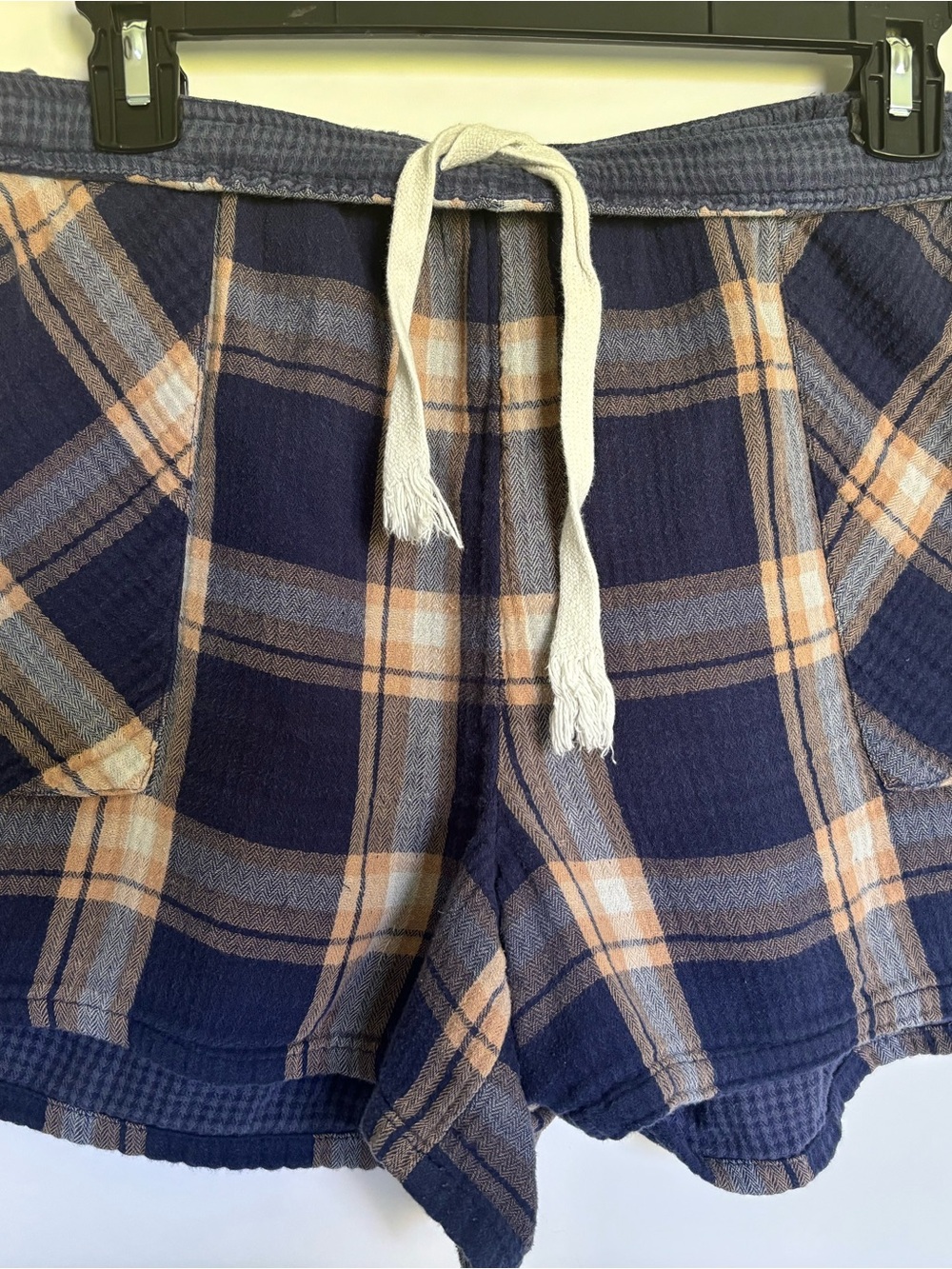 aerie Navy and Tan Plaid Gauze Drawstring Sleep Shorts